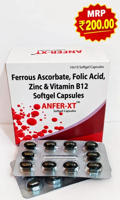 ANFER-XT (Ferrous Ascorbate 100mg + Folic Acid 1.5mg + Elemental Zinc 22.5mg + Vitamin B12 15mcg) softgel capsule pack