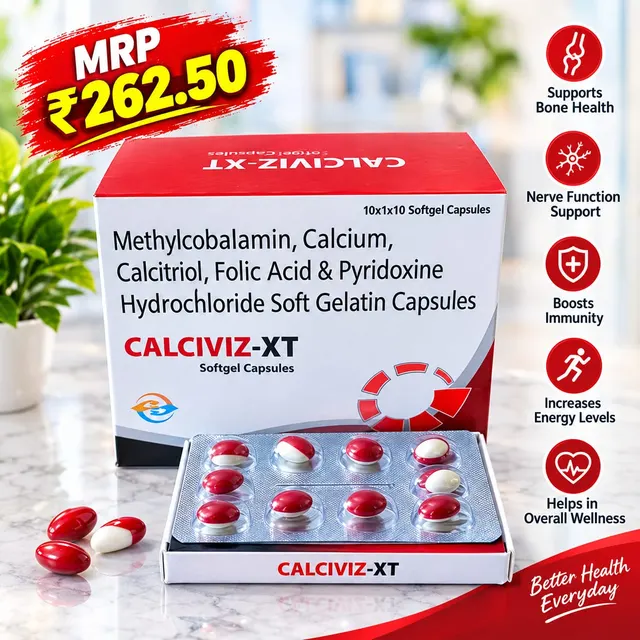 CALCIVIZ-XT (Calcitriol 0.25mcg + Calcium Carbonate 500mg + Folic Acid 1.gmg + Methylcobalamin 1500mcg + Elemental Calcium 200mg + Pyridoxine Hydrochloride 3mg) softgel capsule pack
