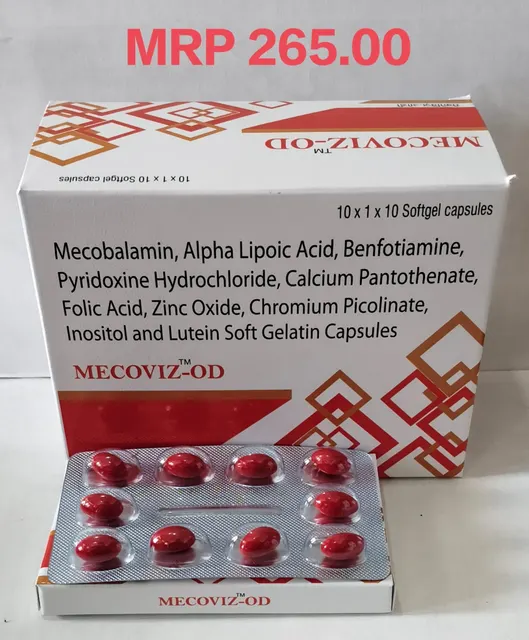 MECOVIZ-OD (Mecobalamin + Alpha Lipoic Acid + Benfotiamine + Pyridoxine Hydrochloride + Calcium Pantothenate + Folic Acid + Zinc Oxide + Chromium Picolinate + Inositol + Lutein) softgel capsule pack