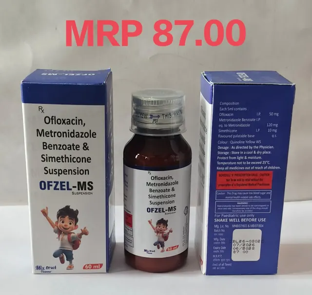 OFZEL-MS (Ofloxacin 50mg + Metronidazole 120mg + Simethicone 10mg (Per 5ml)) oral suspension pack