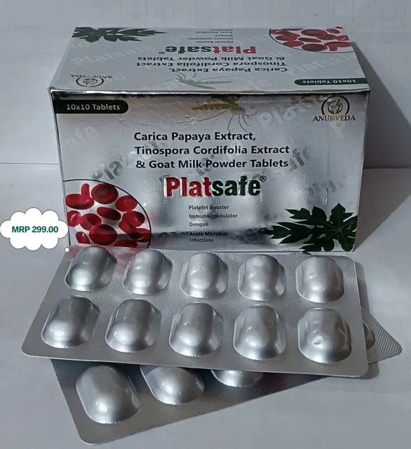 PLATSAFE (Carica Papaya Leaf Extract & Tinospora Cordifolia Ext & Goat Milk Powder) ayurvedic tablet pack