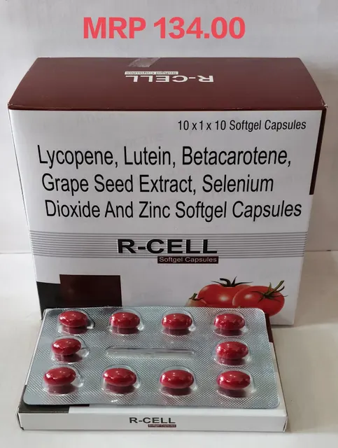 R-CELL (Lycopene 10% 4000mcg + Lutein 10% 4000mcg + Betacarotene 30% 5.17mg + Black Grape Seed Extract 10mg + Selenium Dioxide Monohydrate 25mcg + Zinc Sulphate Monohydrate 10mg) softgel capsule pack