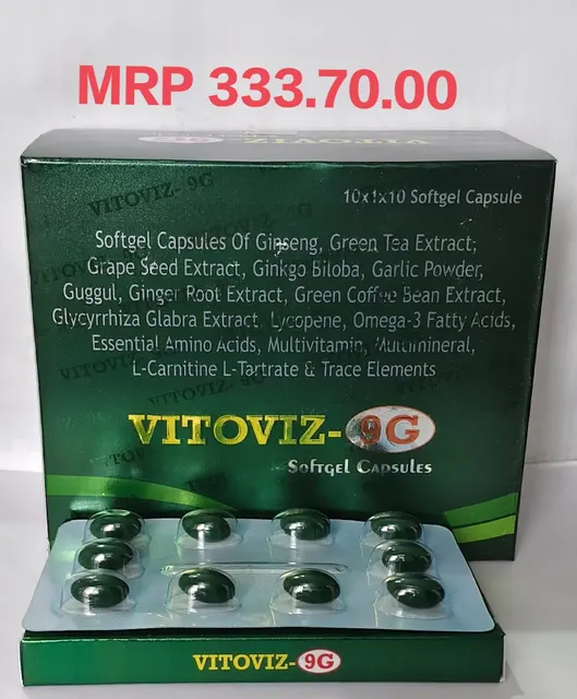 VITOVIZ-9G S/G (Ginseng, Green Tea Ext., Grape Seed Ext., Ginkgo Biloba, Garlic Powder, Omega-3 Fatty Acid, Essential Amino Acids, Garcinia Cambogia, Ginger Extract, Vitamins, Minerals & Trace Elements) softgel capsule pack